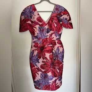 Alton Gray 8 Floral Jacquard Cocktail Sheath Dress Tulip Sleeve V Knee Pink